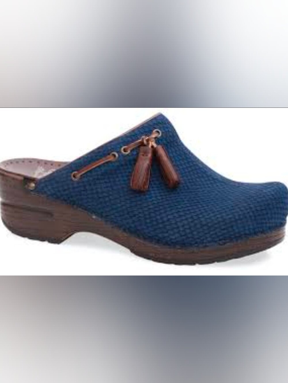 Dansko Shannon Snakeskin Navy Leather Mule with Brown Tassels Size 40